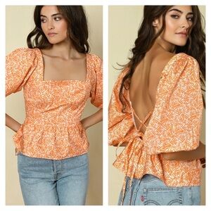 Anthropologie Hutch Ulla Top Orange Matchstick peplum Puff Sleeve Lace Up Size S